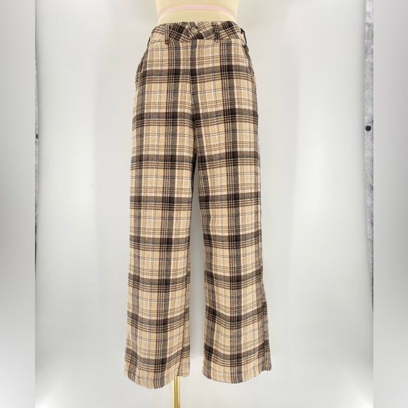 Elegant Plaid Boot Cut Pants in Brown and Cream - Picture 1 of 4